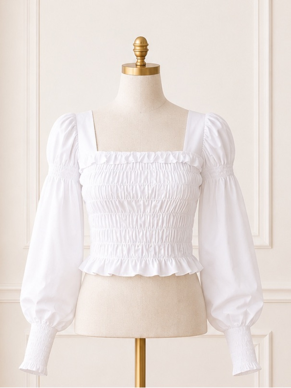 Choosy White Smocked Crop Top Puff Sleeve Square Neck Blouse S NWT